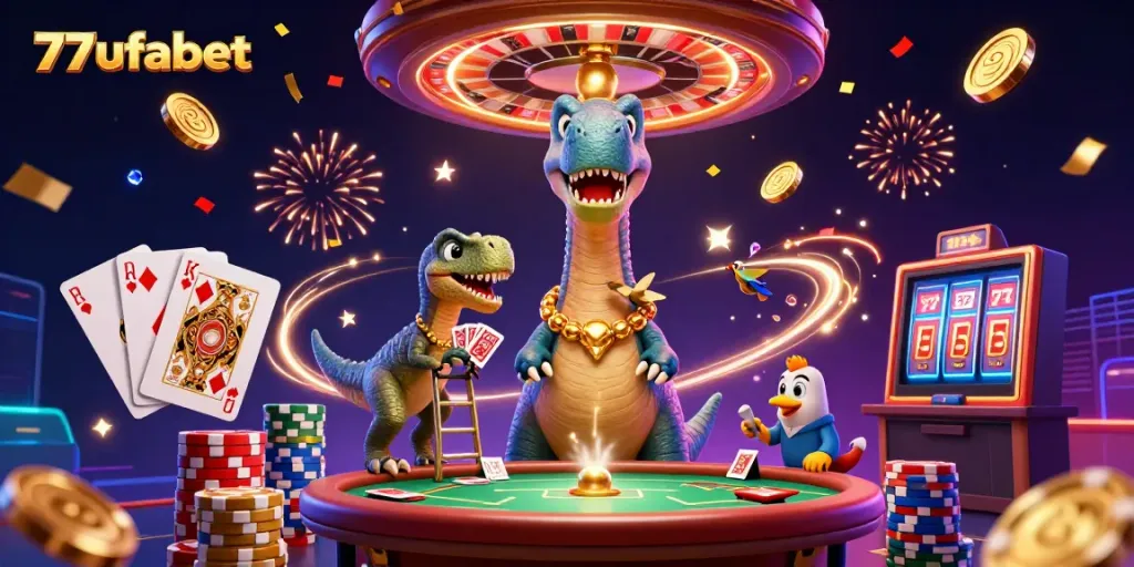 Experience thrilling gambling action at 77ufabet with a dynamic 3D casino scene featuring characters and game elements.