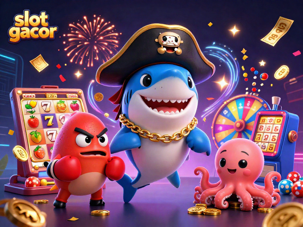 Immerse in slot gacor excitement with a pirate shark, pufferfish, and octopus in a vibrant casino scene.