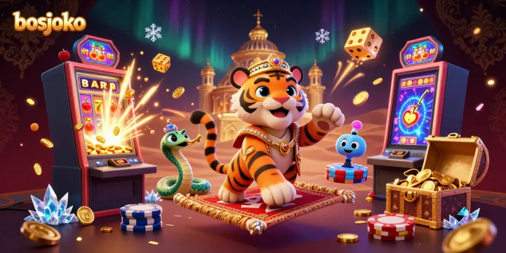 Bosjoko players celebrating a jackpot win with vibrant 3D casino elements and a magical sultan theme.