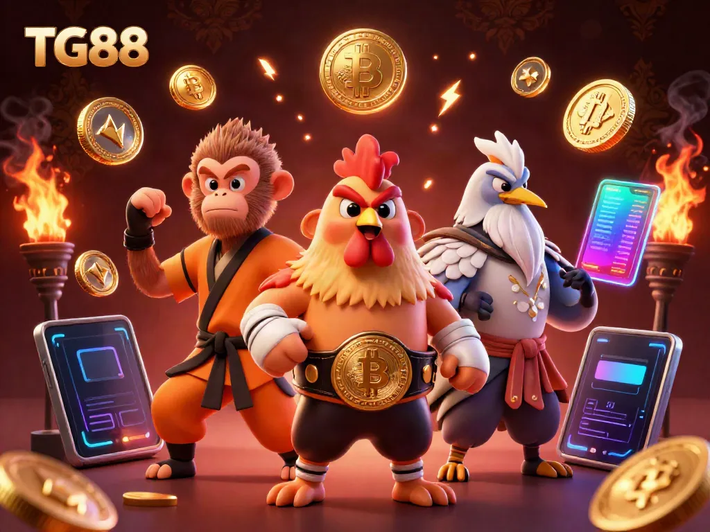 Engage with the vibrant TG88 scene featuring a Muay Thai rooster and monkey martial artist in a dynamic crypto casino.