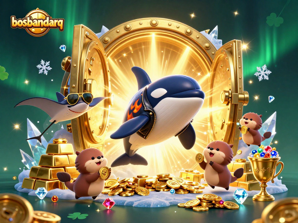 Experience thrilling wins at bosbandarq with cartoon sea creatures celebrating amidst bountiful treasures.