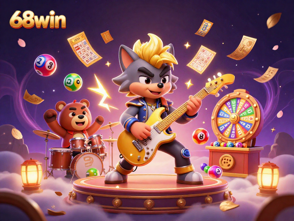 Experience thrilling wins with 68win as cartoon characters celebrate amidst dynamic casino elements.