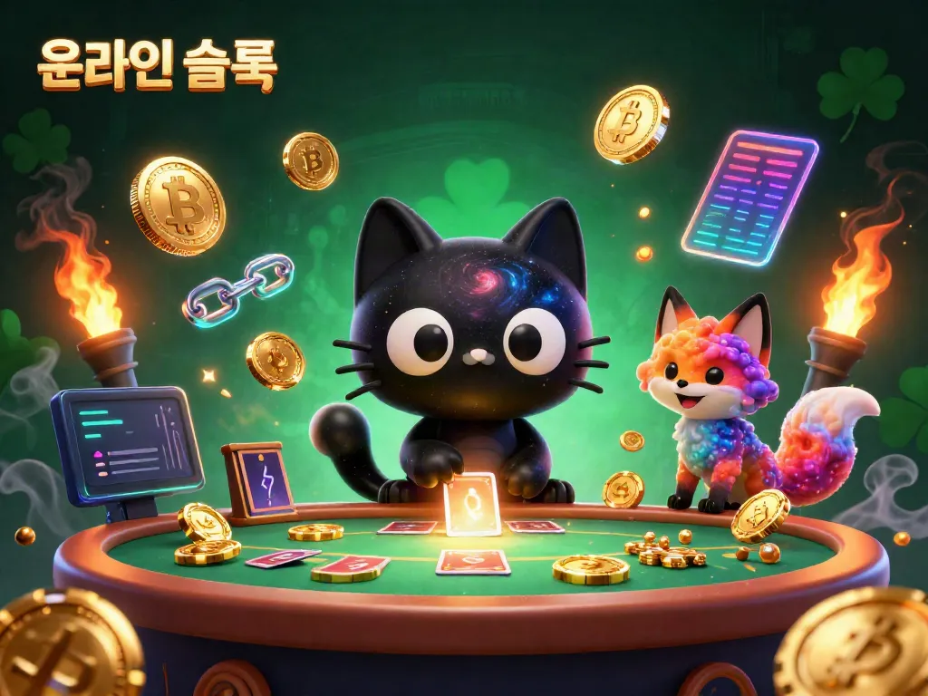 온라인슬롯과 함께하는 슬롯 게임을 즐기는 아기 고양이와 우주 여우의 3D 일러스트