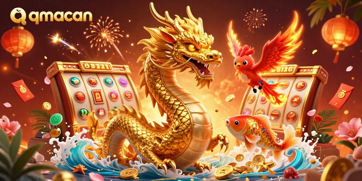 qqmacan menghadirkan ilustrasi kasino yang menarik dengan naga emas dan simbol slot, memikat pemain judi.