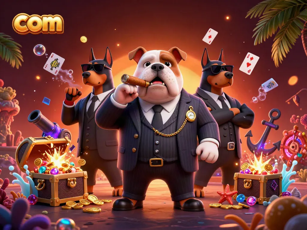 Experience the thrill of com with a mafia bulldog in a pinstripe suit, flanked by Doberman bodyguards, amidst a treasure-filled underwater scene.