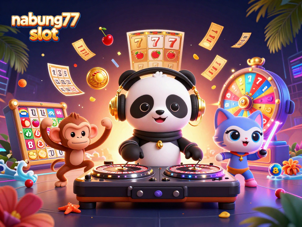 Experience the thrill of nabung77 slot with vibrant 3D cartoon characters and dynamic casino elements.