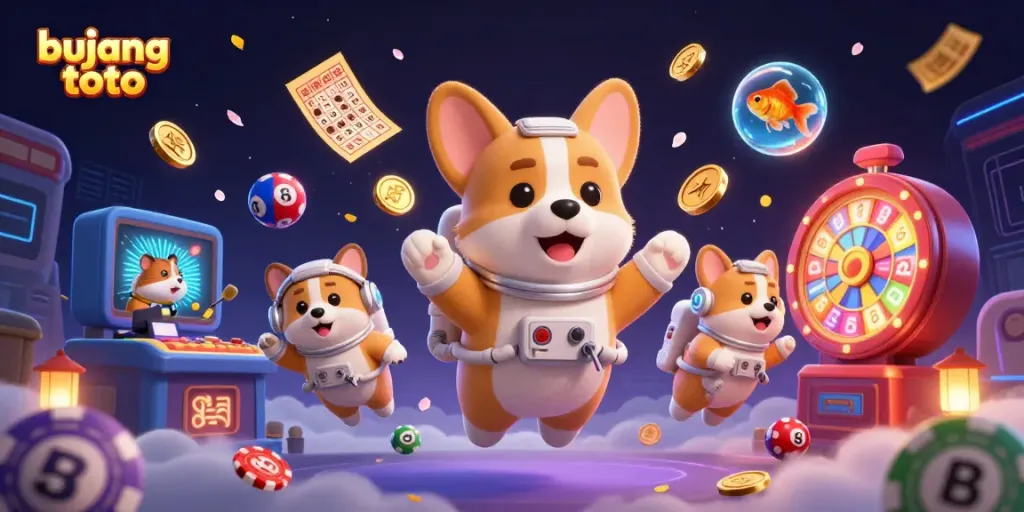 Experience the thrill of bujang toto with an engaging 3D illustration featuring a corgi astronaut and festive lottery elements.