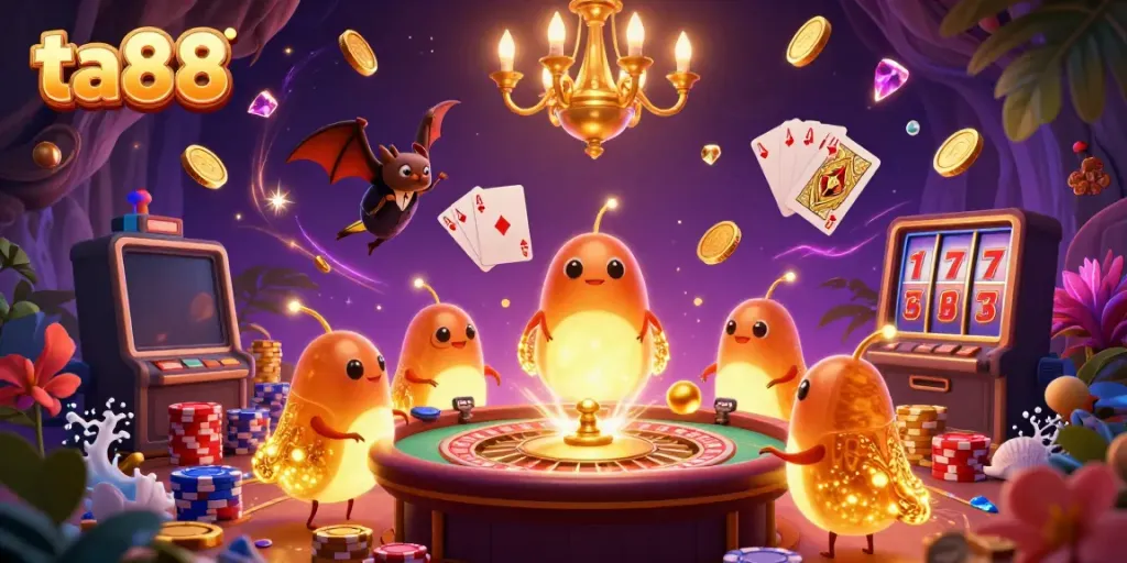 Experience the excitement of ta88 with a vivid casino scene featuring glowworms and dynamic game elements.