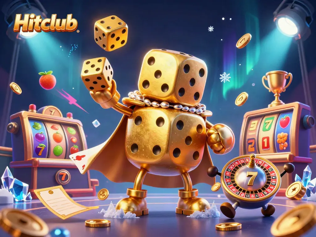Experience the excitement of Hitclub with dynamic golden dice and vibrant casino symbols.