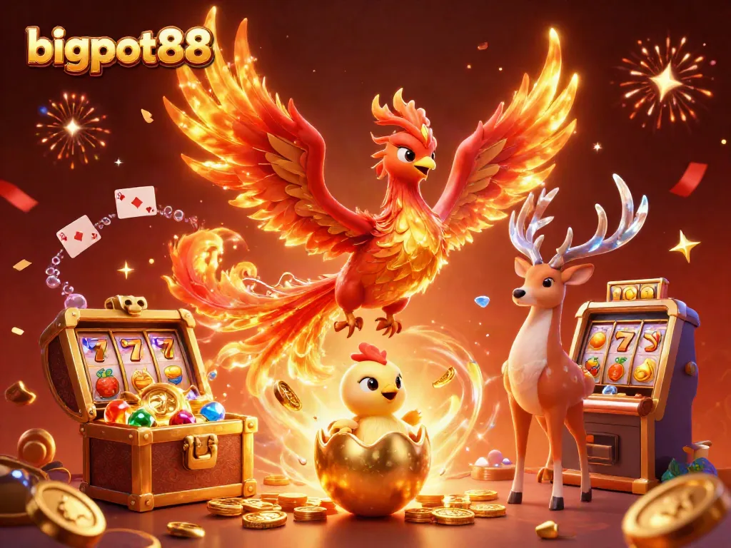 bigpot88 raih jackpot dengan simbol keberuntungan dan karakter fantastis dalam ilustrasi meriah