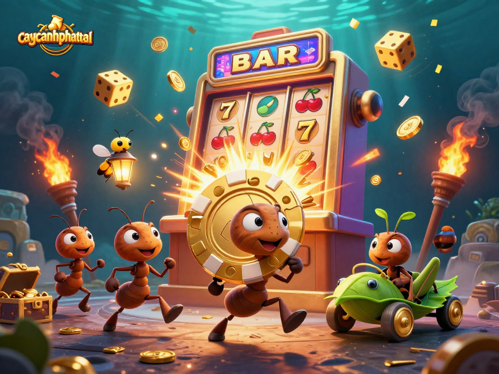 Experience the exciting heist in caycanhphattai as ants sprint with a giant poker chip surrounded by vibrant casino elements.