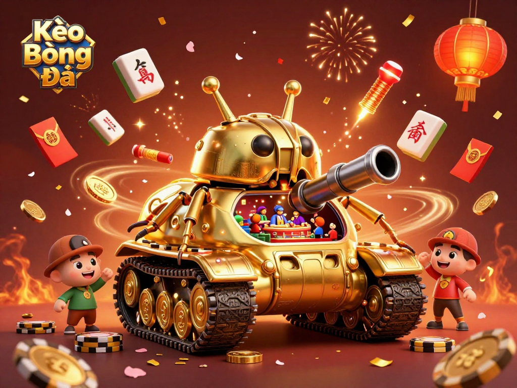Kèo Bóng Đá showcases a vibrant 3D casino scene with festive elements and interactive gameplay.