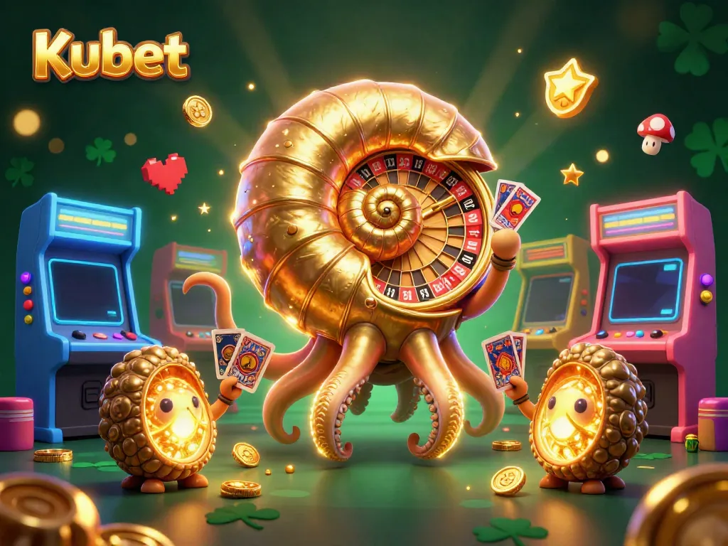 Experience thrilling gameplay at Kubet with dynamic casino illustrations of nautilus and arcade elements.