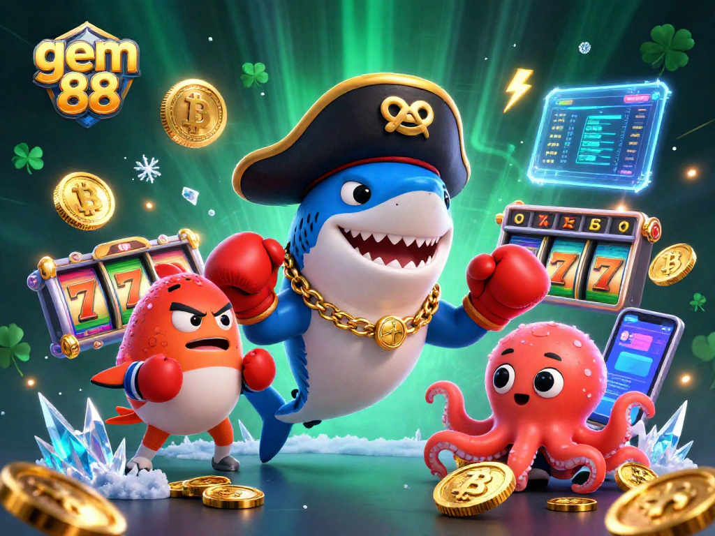 Engage with gem 88 by winning jackpots amidst a pirate theme adventure in this vibrant casino illustration.